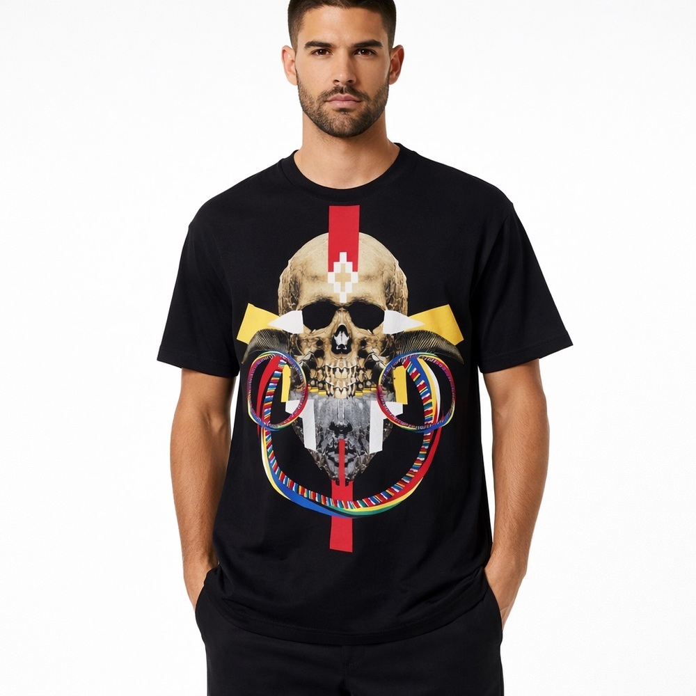 Marcelo Burlon County of Milan Black T-Shirt with Skull and Multicolor Design S